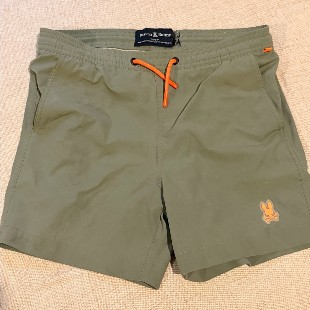 Psycho Bunny Olive Green Kids Shorts with Orange Drawstring